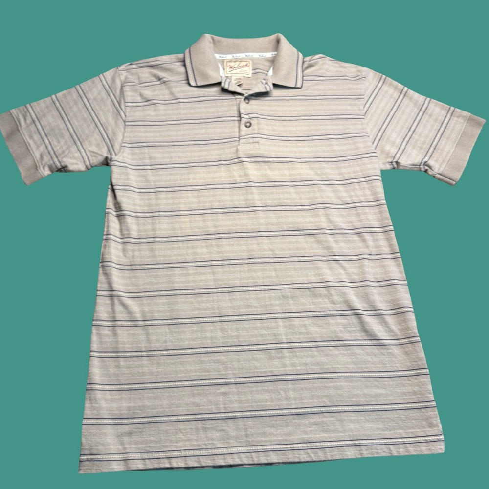 Woolrich Polo Shirt Mens Medium Beige Striped Cotton Short Sleeve Golf Outdoor